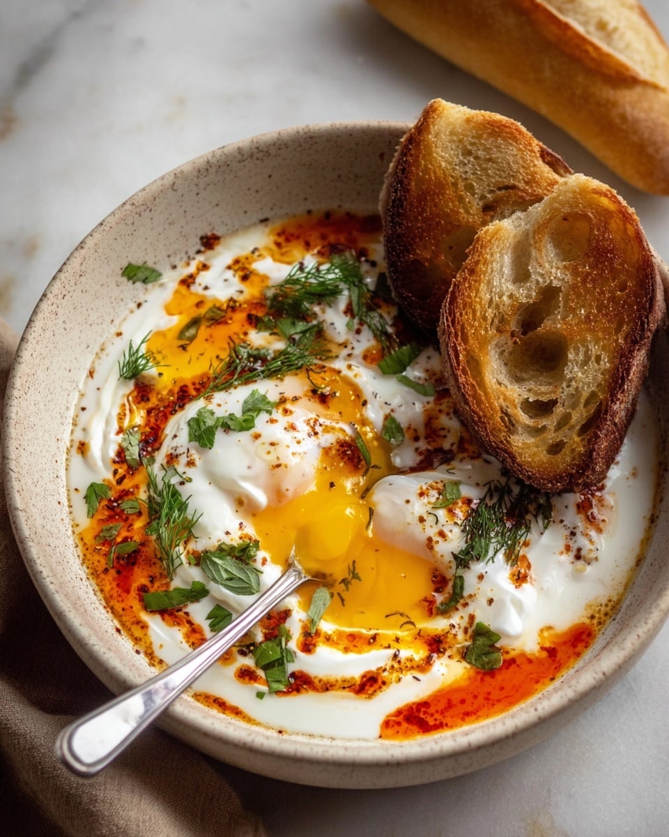 A white speckled bowl holds a creamy white yogurt base layer, topped with two soft poached eggs with bright yellow yolks, one partially broken and oozing out. Orange-red spicy oil is drizzled artistically over the eggs and yogurt, creating a striking contrast. Fresh green herbs are scattered on top, adding a touch of color and freshness. Two golden brown toasted bread slices are placed on the right side resting on the yogurt. A silver spoon is dipped into the yogurt beside the broken yolk, and a piece of baguette sits on a white marbled surface above the bowl. photo taken with an iphone --ar 4:5 --v 7