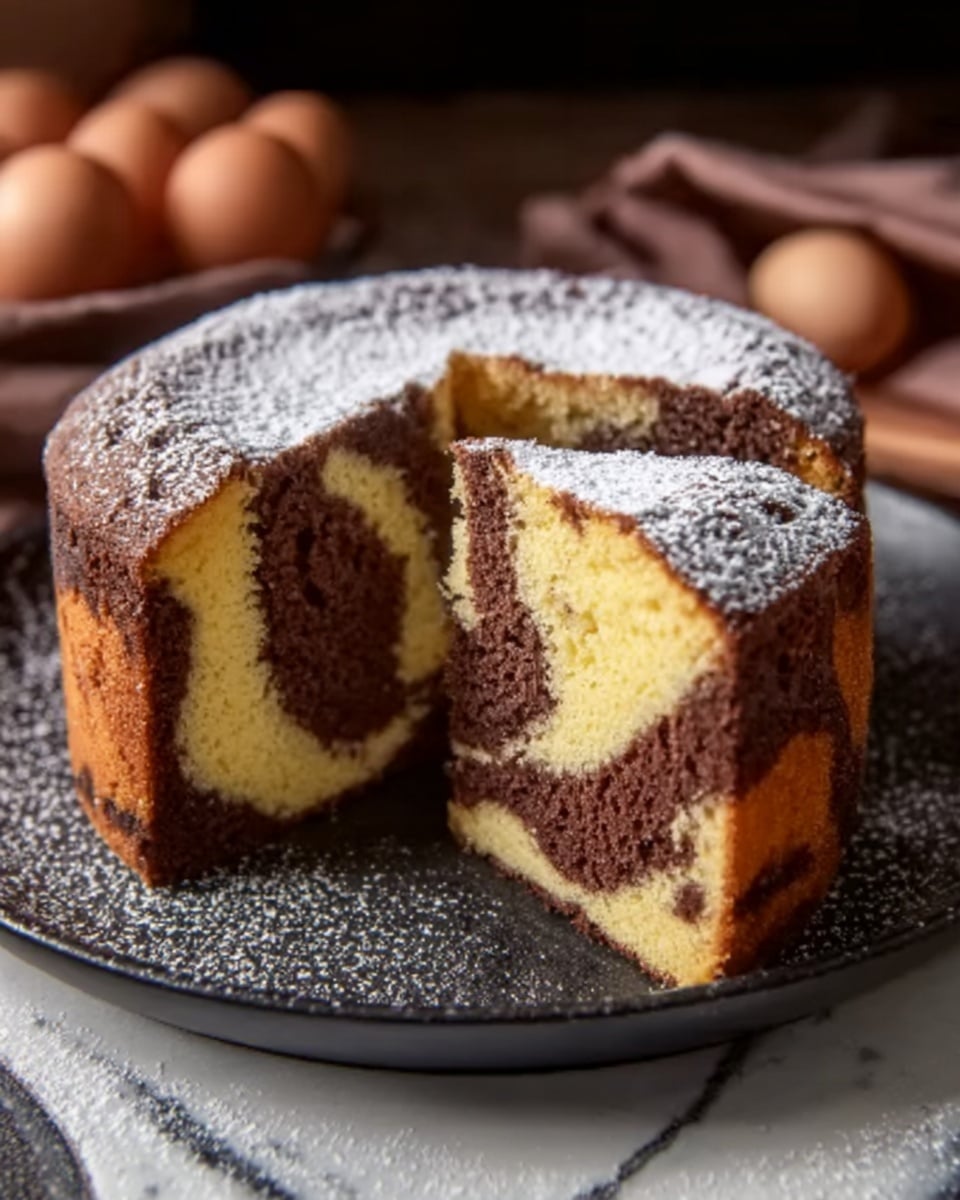A round marble cake is shown on a dark plate, placed on a white marbled surface. The cake has two layers of swirled colors inside: one is light yellow and soft, the other is dark chocolate brown with a slightly rough texture. The top of the cake is dusted evenly with powdered sugar, giving a fine white layer that contrasts with the brown cake parts. A thick slice is cut and leaned against the rest of the cake, showing the clear swirled pattern inside. The background has a warm, cozy feel with a few eggs blurred out on the left side. Photo taken with an iphone --ar 4:5 --v 7