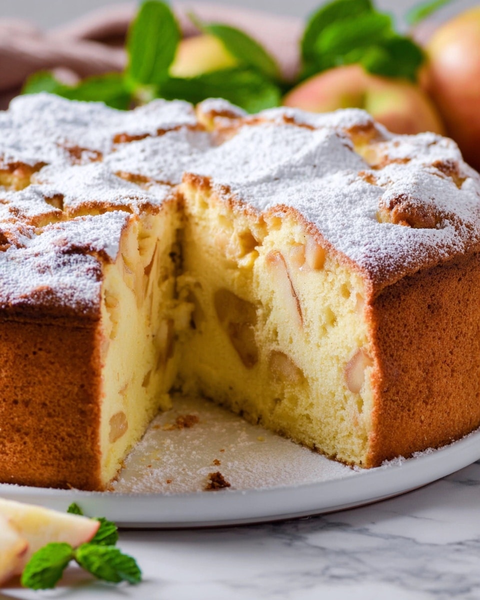 A tall, round sponge cake with a light golden brown crust, dusted generously with white powdered sugar on top. The cake is soft and fluffy with a pale yellow inside, showing small chunks of apple pieces scattered throughout. The top layer is slightly cracked and has a rustic texture, while the inside looks moist and airy. The cake sits on a white plate, placed on a white marbled surface, with some green mint leaves and whole apples blurred in the background. Photo taken with an iphone --ar 4:5 --v 7