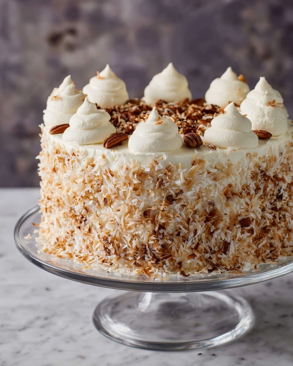A round cake with three layers is fully covered in creamy white frosting. The sides are thickly coated with toasted shredded coconut that is light brown and white, giving a rough texture. On top, there are seven dollops of smooth white cream evenly spaced around the edge. The center top is sprinkled with chopped pecans that add a mix of dark brown and tan colors. The cake sits on a clear glass cake stand with a simple, round base. The background shows a soft, blurred pattern, and the surface beneath the stand is a white marbled texture. photo taken with an iphone --ar 4:5 --v 7