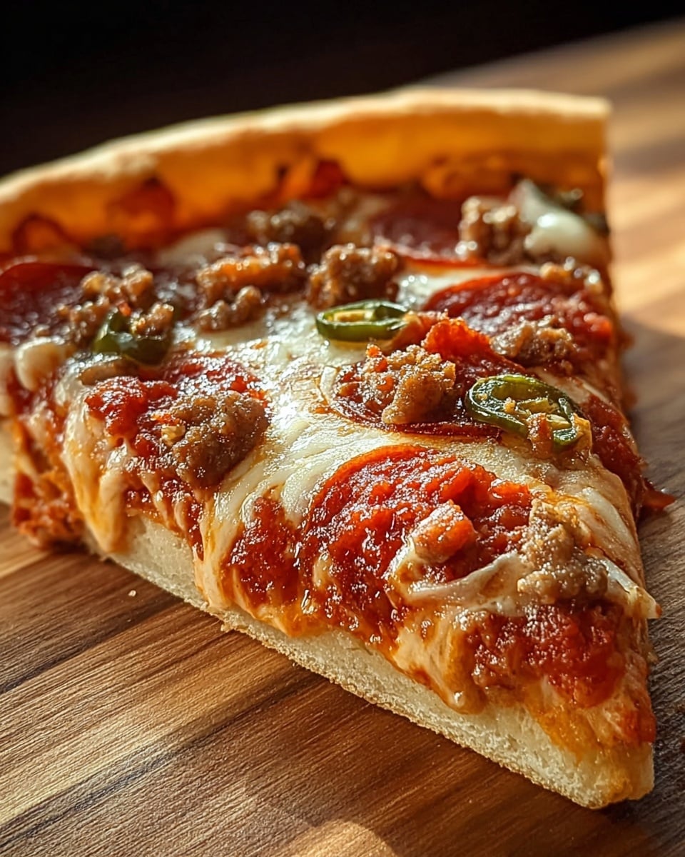A close-up of a single pizza slice resting on a wooden surface, showing four main layers: a thick, golden-brown crust at the bottom with a soft texture; a red, slightly chunky tomato sauce spread evenly above the crust; a generous layer of melted, creamy white cheese that blends and stretches over the toppings; and a variety of toppings, including scattered small crumbles of brown sausage, thin, shiny red pepperoni slices, and a few green jalapeño slices, all covered lightly by more cheese. The photo is taken from a low angle, highlighting the thickness and juiciness of the toppings. photo taken with an iphone --ar 4:5 --v 7