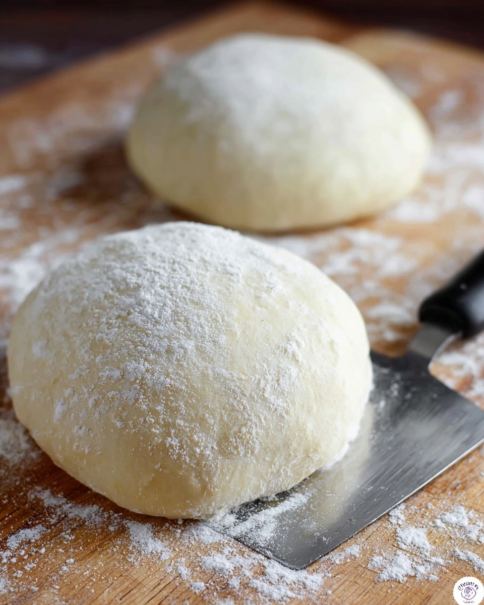 The image shows two rounded dough balls resting on a wooden surface dusted with flour. The dough in the front is covered lightly with flour, giving it a soft, powdery texture, while the back dough ball appears slightly smoother with the same light flour dusting. A metal spatula with a black handle lies partially under the front dough, its shiny surface reflecting a bit of the surroundings. The overall look is soft and fresh, with the pale off-white dough contrasting against the warm brown wood and scattered flour. photo taken with an iphone --ar 4:5 --v 7