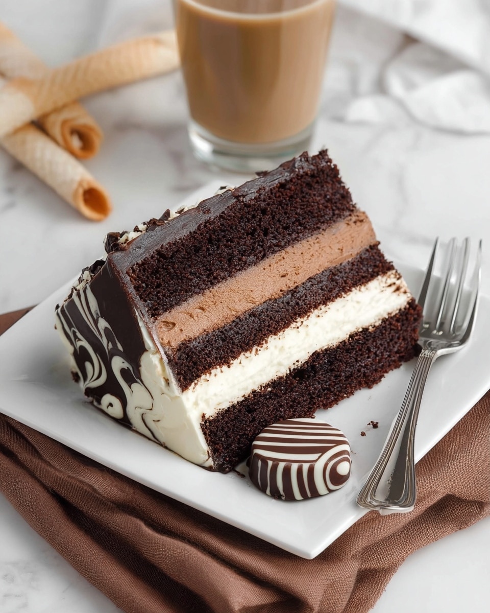 A slice of four-layer chocolate cake on a white square plate; the bottom layer is dark chocolate cake, topped with smooth white cream, followed by another dark chocolate cake layer, then a thick layer of light brown chocolate mousse, and finished with a top layer of dark chocolate cake. The side of the cake is coated in glossy dark chocolate with white swirled decorations. Next to the cake slice on the plate is a small round piece of chocolate with white and dark stripes. The plate sits on a white marbled surface with a brown cloth napkin partially under it, and there are two cream-filled wafer rolls placed nearby, one on the napkin and one on the surface. A silver fork lies beside the cake and a clear glass of coffee with light brown milk stands behind the plate. photo taken with an iphone --ar 4:5 --v 7