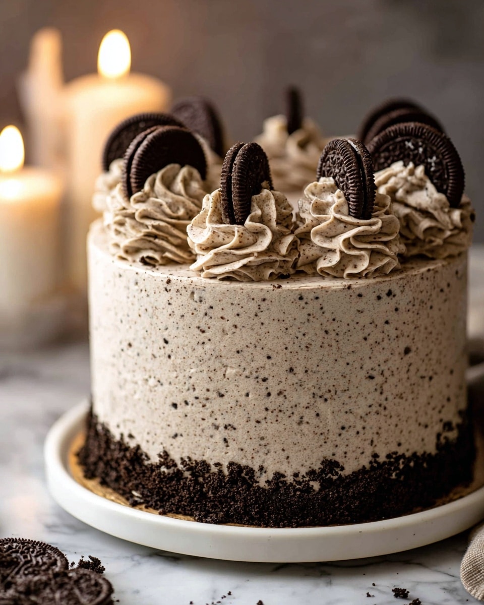 A tall round cake covered in smooth cookies and cream frosting with specks of crushed cookies throughout. The top edge is decorated with thick swirls of the same frosting, each holding a whole chocolate sandwich cookie, evenly spaced around the cake. The cake sits on a white plate with a ring of crushed cookies around the base. In the blurred background, there are three lit candles, giving a warm glow. The surface beneath the plate is white marbled texture. photo taken with an iphone --ar 4:5 --v 7