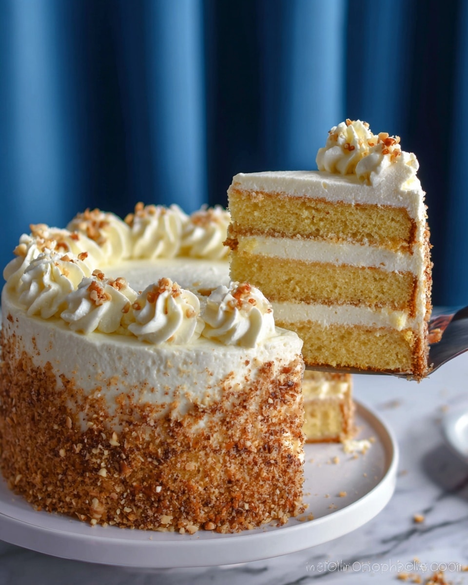 The image shows a two-layer round yellow cake on a white plate, with white cream frosting covering the outside. The bottom half of the cake's side is coated with brown crushed nuts, giving a rough texture, while the top half is smooth cream. The top edge of the cake is decorated with swirled white cream rosettes, each sprinkled with small bits of nuts. A slice of cake is being lifted, revealing two thick yellow cake layers separated and topped by a thin layer of white cream. The background is a deep blue curtain, and the plate rests on a white marbled surface. photo taken with an iphone --ar 4:5 --v 7