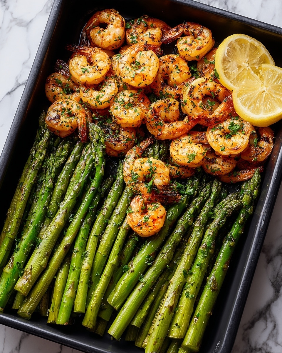 A close-up of a black pan filled with two layers: the bottom layer is bright green asparagus spears, cooked and slightly charred, tightly arranged side by side; the top layer shows a generous amount of grilled shrimp, orange and white with grill marks and sprinkled with chopped green herbs and black pepper. Two thin lemon slices rest on the top right corner of the pan. The pan is placed on a surface with a white marbled texture. photo taken with an iphone --ar 4:5 --v 7