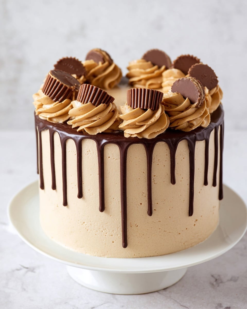 A tall, round cake with three smooth layers covered in light brown frosting stands on a white plate, set on a white marbled surface. Dark chocolate drips down the sides, creating thin, uneven streaks. The top is decorated with swirls of light brown frosting evenly spaced around the edge. Each swirl holds a half peanut butter cup, placed upright with the ridged edge showing. The overall look is neat and creamy with rich brown and beige colors. Photo taken with an iphone --ar 4:5 --v 7