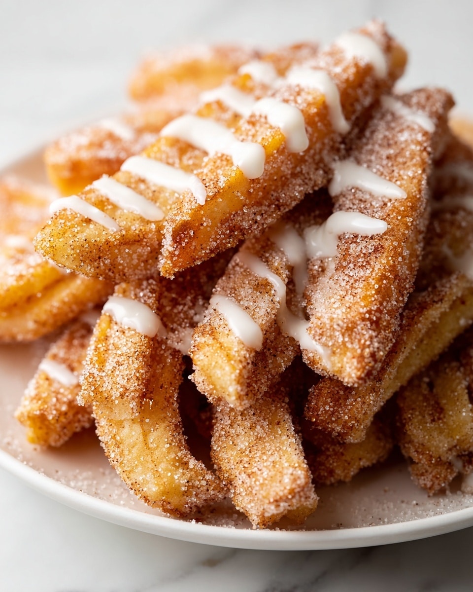 A close-up view of several thick wedges of fried pastry sticks stacked in a pile on a white plate. Each wedge has a rough texture from being coated in a mix of granulated sugar and cinnamon, creating a golden-brown layer with visible sugar crystals glistening in the light. Drizzled lightly over the wedges is a smooth, white icing, adding a glossy, creamy contrast that follows the shape of each stick. The plate rests on a white marbled surface, and the image captures the warm tones and crispy texture of the dessert clearly. photo taken with an iphone --ar 4:5 --v 7