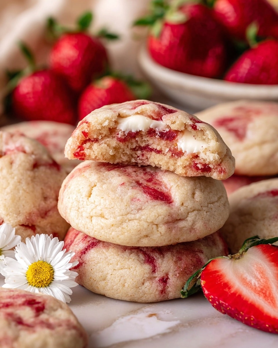 The image shows a stack of three soft, round cookies with a pale pink color and red strawberry swirls inside. The top cookie has a bite taken out, revealing a soft, slightly crumbly texture inside. Around the stack, there are several more cookies with the same pink and red pattern, all placed on light brown parchment paper. In the foreground, a sliced strawberry and a small white daisy flower with a yellow center are placed near the cookies. In the background, there is a white bowl filled with whole fresh strawberries, all set on a white marbled surface. photo taken with an iphone --ar 4:5 --v 7