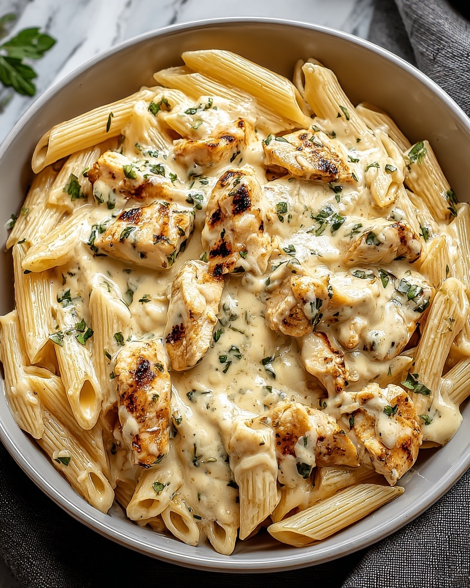 A close-up view of a bowl filled with creamy penne pasta mixed with pieces of grilled chicken. The pasta is coated in a thick, light beige sauce speckled with black pepper and herbs. The grilled chicken chunks show browned, slightly charred surfaces adding texture and color contrast. Small green herb leaves are scattered on top and mixed throughout, adding a fresh green touch. The food sits in a white bowl on a white marbled surface, with a blurred green leaf in the background. photo taken with an iphone --ar 4:5 --v 7