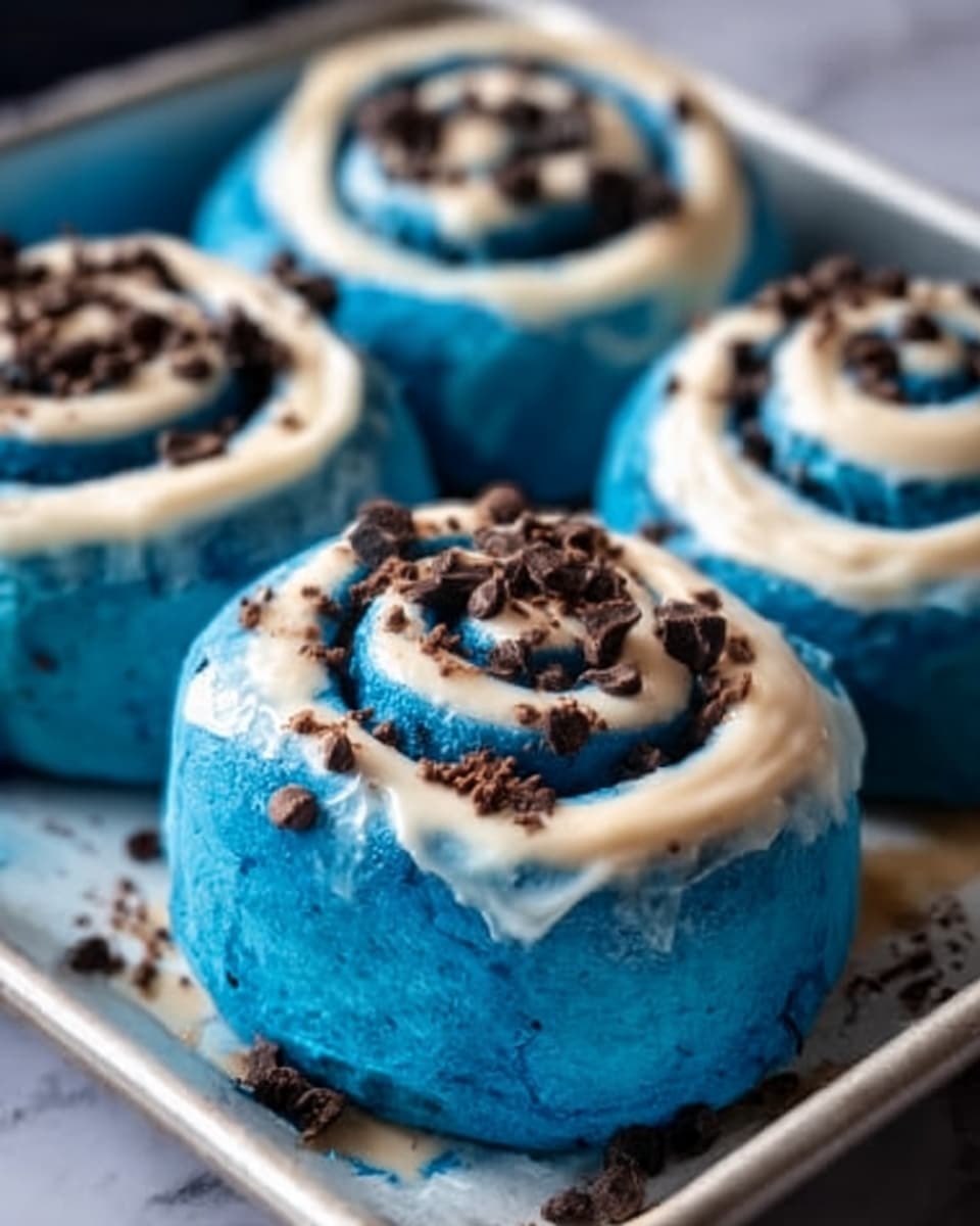 The image shows a close-up of four blue cinnamon rolls placed on a baking tray. Each roll has a soft, spongy texture with blue dough forming the base layer, rolled tightly in a swirl pattern. On top of each roll is a layer of smooth white icing that also follows the swirl shape, with small dark chocolate pieces sprinkled evenly over the icing. The rolls look soft and freshly baked, with a slight shine on the icing, all set on a white marbled surface. The photo taken with an iphone --ar 4:5 --v 7