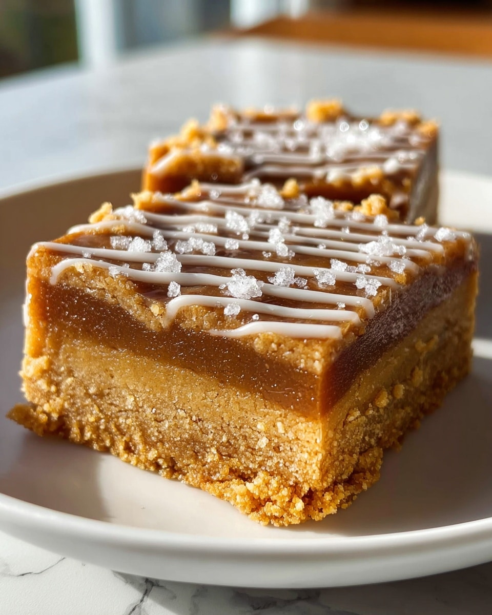 Two square dessert bars sit side by side on a white plate on a white marbled surface. Each bar has three clear layers: a crumbly light golden brown base, a smooth medium brown thick middle filling, and a crumbly light golden brown top layer. The top is decorated with thin white icing drizzles and sprinkled with coarse white sugar crystals that sparkle in warm sunlight coming from the left. The texture of the bars looks soft and slightly moist. Photo taken with an iphone --ar 4:5 --v 7