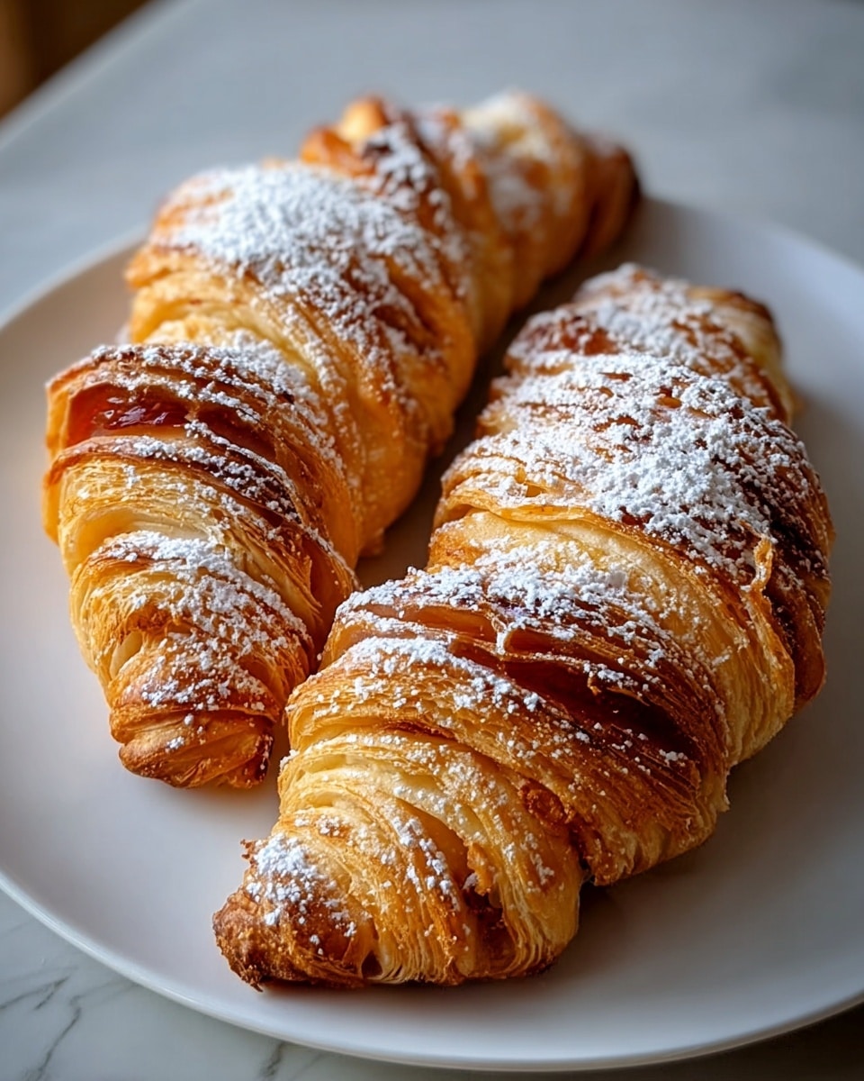 Two twisted golden brown pastries with visible flaky layers and a shiny texture are placed side by side on a plain white round plate. Each pastry is dusted lightly with white powdered sugar on top, highlighting the curves and folds of the dough. The pastries rest on a smooth white marbled surface, giving a clean and elegant look. photo taken with an iphone --ar 4:5 --v 7