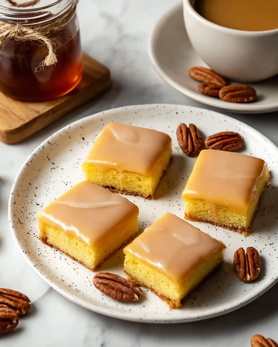 Four square pieces of yellow cake with a smooth, light brown glaze on top are arranged on a white speckled plate. Each piece has one thick layer of soft cake and one even layer of shiny glaze, covering the top fully and slightly draping over the edges. The plate sits on a white marbled surface with some pecan nuts scattered around it, a glass jar of dark syrup tied with twine nearby, and a cup and saucer filled with light-colored coffee in the corner. photo taken with an iphone --ar 4:5 --v 7