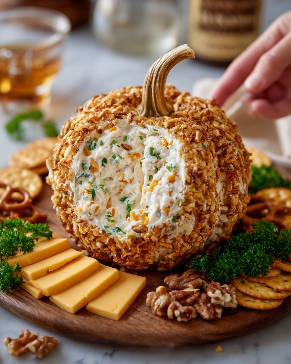 The image shows a white pumpkin-shaped cheese ball sitting on a wooden board. The cheese ball has a rough, crunchy outer layer made of crushed pretzels, light brown in color, with a curved stem on top. Inside, the cheese layer is creamy white with bits of green and orange mixed in, likely herbs and shredded cheese. Surrounding the cheese ball on the board are small stacks of square yellow cheese slices, pretzels, walnut halves, and some sprigs of fresh green parsley. The scene is set on a white marbled surface, with a blurred background showing a jar and a glass. A woman's hand is reaching in to touch the cheese ball. Photo taken with an iphone --ar 4:5 --v 7