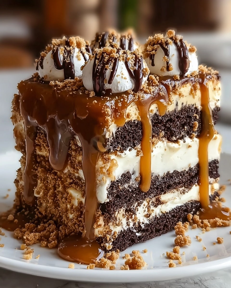 A close-up of a layered dessert slice on a white plate with white marbled texture beneath it, showing three visible layers of dark chocolate cake with two creamy white filling layers in between. The top of the dessert is covered with a thick layer of caramel sauce that drips down the sides, creating a shiny and smooth texture. On top, dollops of white cream are placed with dark chocolate drizzle over them, and crumbly brown streusel pieces are scattered all over the top and around the base of the dessert. The slice appears moist and rich with a mix of smooth, crumbly, and gooey textures. Photo taken with an iphone --ar 4:5 --v 7