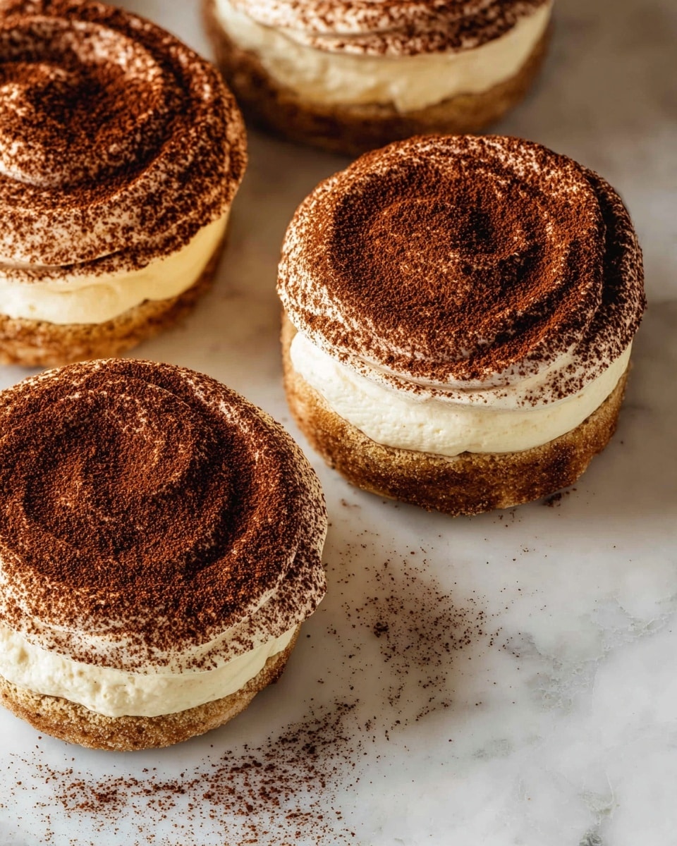 Four round tiramisu desserts are placed closely on a white marbled surface, each made up of two visible layers: a light brown sponge cake base and a thick layer of creamy white mascarpone cheese on top. The mascarpone layer has a smooth, thick texture with a soft, curved swirl pattern in the center, dusted heavily and evenly with fine, dark brown cocoa powder that also spills slightly onto the surrounding surface. The cakes show a rich contrast between the creamy white and cocoa brown colors with a soft texture. Photo taken with an iphone --ar 4:5 --v 7