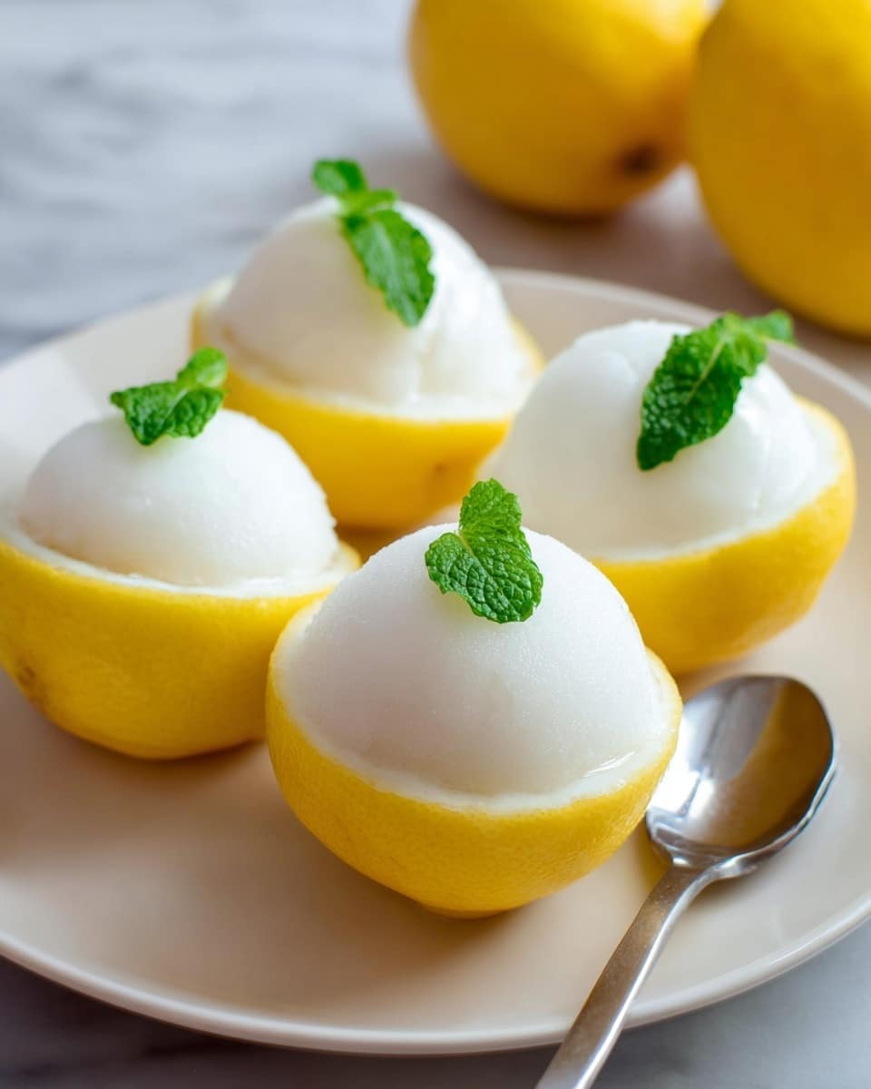 The image shows four yellow lemon halves filled with a smooth, white sorbet, each topped with a small green mint leaf. The lemon halves serve as natural bowls and are placed closely together on a simple white plate. The sorbet spheres have a soft, creamy texture and sit neatly within the lemon rind, contrasting with the rough yellow peel. In the background, blurred whole lemons add depth, while the plate rests on a white marbled texture. A shiny silver spoon is placed near the right edge of the plate. photo taken with an iphone --ar 4:5 --v 7