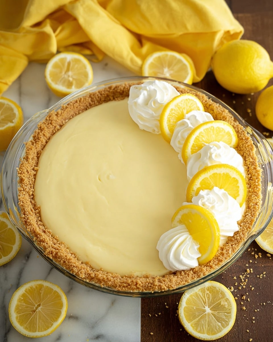 A lemon pie is shown in a clear glass dish with a crumbly, light brown crust forming the outer layer. Inside the crust, the filling is smooth and pale yellow, taking up most of the space evenly. On top of the filling, there are three dollops of white whipped cream towards the upper right side, garnished with several thin, bright yellow lemon slices. The background is a white marbled texture with whole and cut lemons scattered around, and a yellow cloth is folded in the top part of the image. Photo taken with an iphone --ar 4:5 --v 7