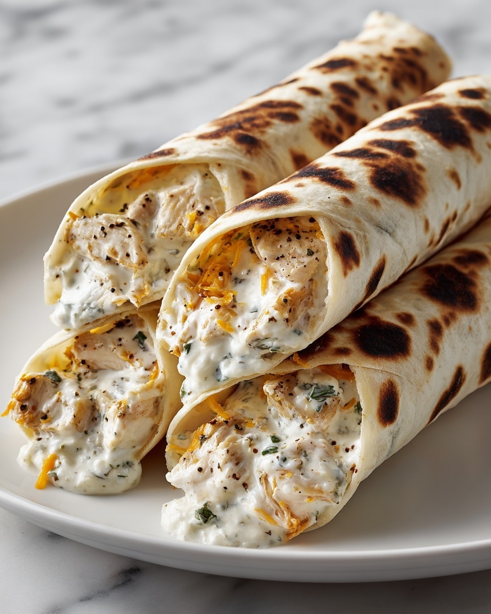 The image shows two rolled tortillas stacked on a white plate, placed on a white marbled surface. The tortillas have brown grill marks and are filled with creamy, melted cheese that is a bright orange-yellow color, generously oozing out from the ends. Inside the cheese, there are pieces of lightly seasoned white chicken meat visible, mixed with a creamy white sauce that has specks of black and red seasoning. Small green herb pieces are sprinkled both inside the filling and on top of the tortillas, adding a fresh touch. The overall look is warm, gooey, and inviting. photo taken with an iphone --ar 4:5 --v 7