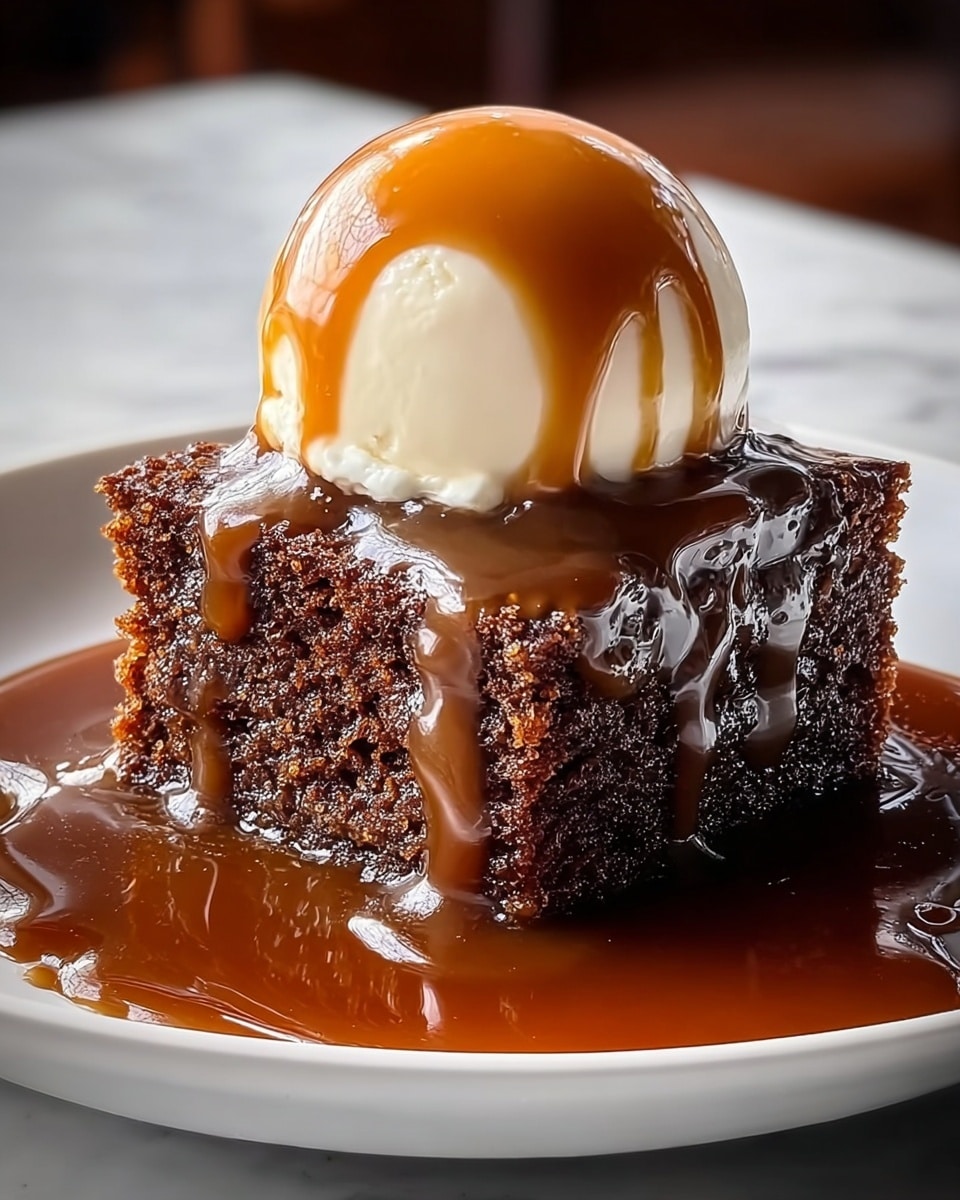 A single square slice of dark brown sticky cake sits in the middle of a white plate, covered with a thick, glossy caramel sauce that pools around the base and drips slightly down the sides of the cake. On top of the cake is a smooth, round scoop of vanilla ice cream, also covered with a drizzle of caramel sauce flowing down its sides. The texture of the cake looks moist and dense, contrasting with the creamy ice cream and shiny sauce. The plate rests on a white marbled surface. photo taken with an iphone --ar 4:5 --v 7