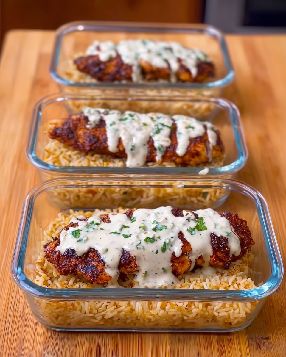 Three clear rectangular glass containers are lined up vertically on a wooden surface. Each container holds a bed of golden-brown cooked rice as the bottom layer, topped with a large piece of dark brown, crispy, seasoned grilled chicken breast. On top of each chicken piece is a creamy white sauce generously poured, slightly spilling onto the rice. The sauce is lightly sprinkled with small green herb pieces, adding a fresh touch. The containers are arranged so the closest one is in clear focus, showing detailed texture of the crispy chicken and sauce, while the other two containers are slightly blurred in the background. photo taken with an iphone --ar 4:5 --v 7