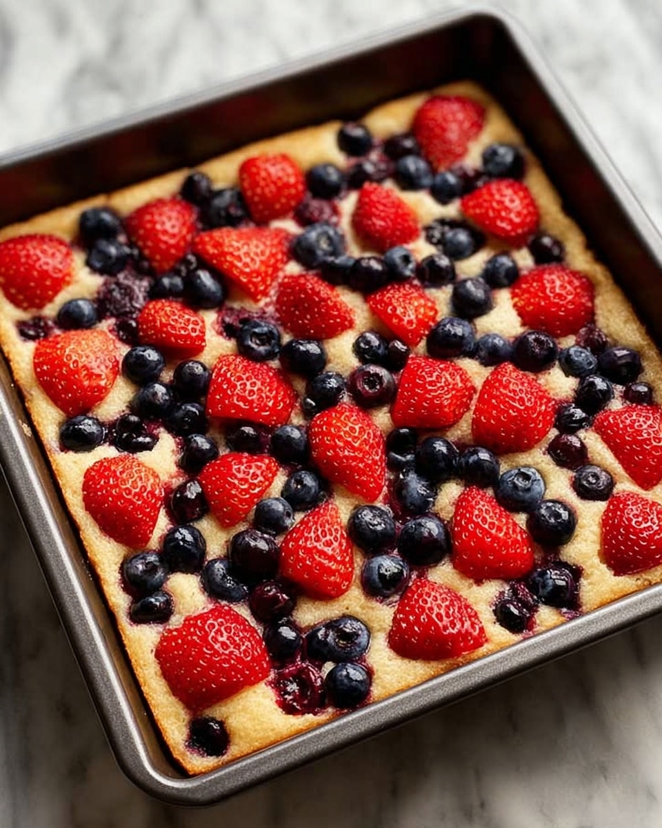 A square cake baked in a dark metal tray, with one base layer of light golden brown sponge. The top is covered by two kinds of fresh berries: whole and halved bright red strawberries, and whole dark blue blueberries, scattered evenly across the surface. The sponge looks soft and slightly fluffy with a smooth texture. The tray is placed on a white marbled surface. photo taken with an iphone --ar 4:5 --v 7