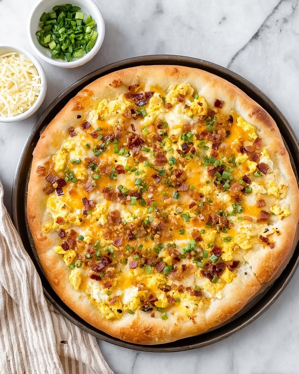 A close-up of a pizza with one slice being held by a woman's hand. The pizza has a thick, light golden crust with a soft texture. On top, there is a layer of melted cheese that is creamy white with some golden brown spots. Scattered across the cheese are small pieces of cooked yellow scrambled eggs, bits of crispy bacon with a reddish-brown color, and small green onion slices for a touch of color. The pizza is placed on a dark tray, set on a white marbled surface. Photo taken with an iphone --ar 4:5 --v 7