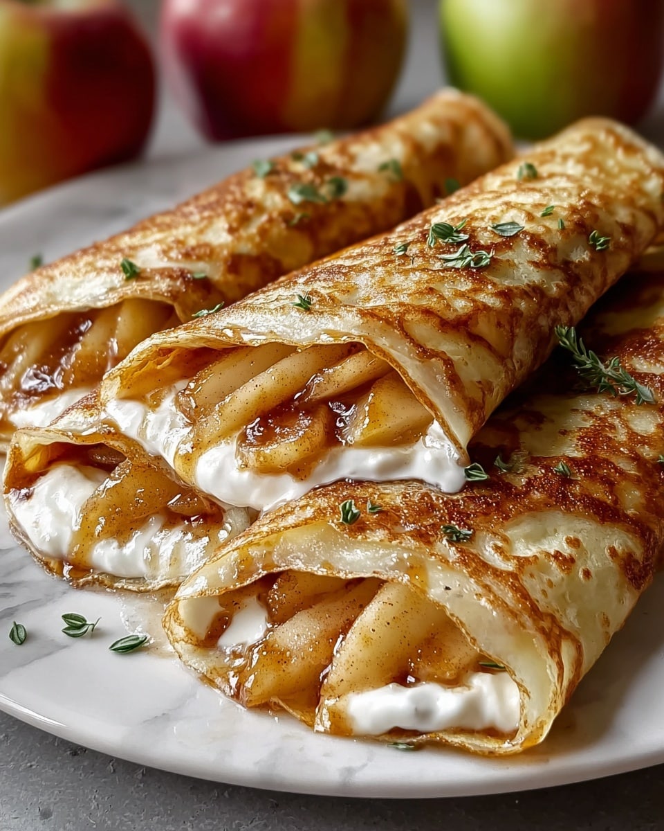 The image shows three golden-brown crepes folded over and arranged on a white plate with a white marbled surface. Each crepe is filled with two main layers: the first layer appears to be soft, white cream, and the second layer is made up of sliced cooked apples coated in a glossy, cinnamon-spiced sauce that glistens. The crepes have a slightly crispy texture on the outside, with subtle browned spots, and are garnished with small green herb leaves scattered on top. In the background, there are some red and green apples that add a natural touch. photo taken with an iphone --ar 4:5 --v 7