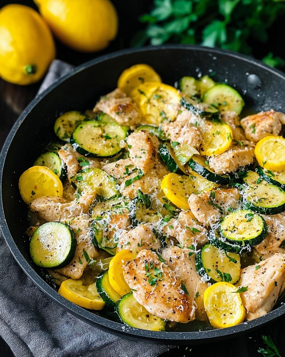 A black pan filled with cooked pieces of light golden chicken layered with green zucchini slices and bright yellow squash rounds. The dish is sprinkled with small white grated cheese and chopped fresh green herbs, giving a fresh look. The mixture of colors and textures appears moist and flavorful, placed on a dark cloth with whole yellow squash pieces around. The surface is a white marbled texture. photo taken with an iphone --ar 4:5 --v 7