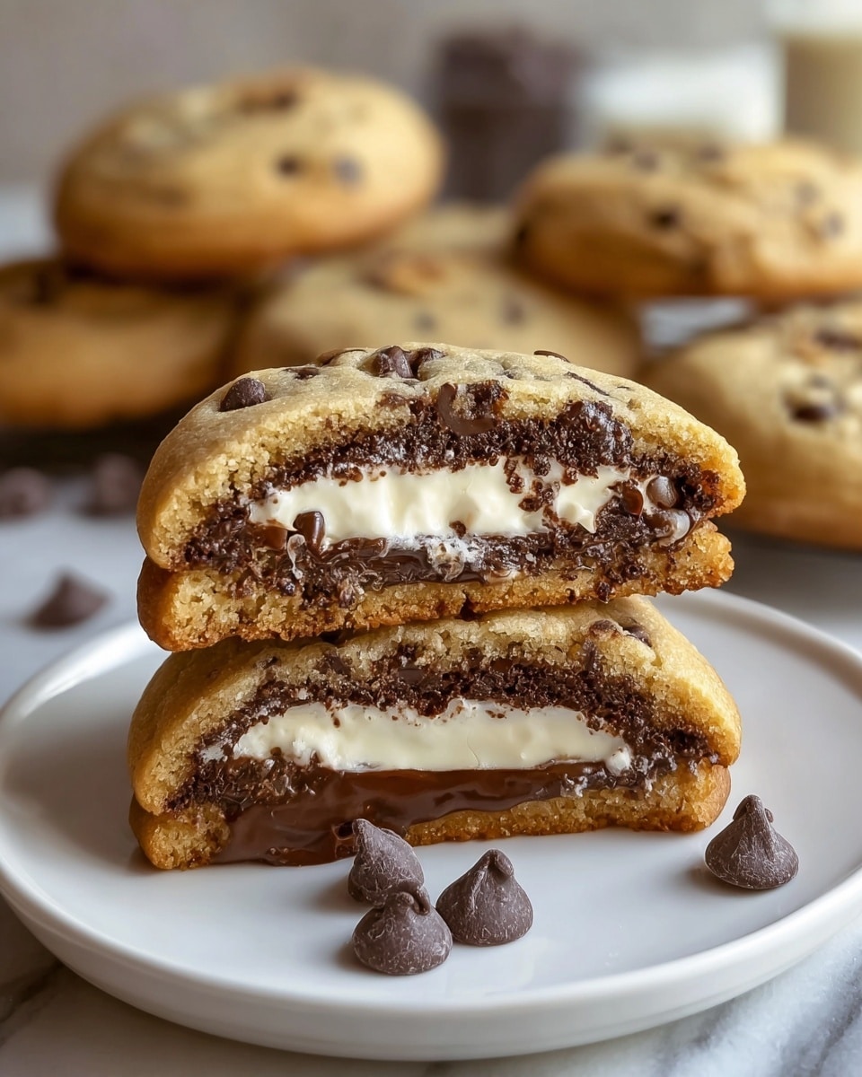 A white plate holds two thick chocolate chip cookies cut in half to show three layers inside: a soft golden-brown outer cookie with visible chocolate chips, a middle dark melted chocolate layer, and a creamy white filling with a chocolate chip in it. One cookie half rests on top of the other, with two dark chocolate chips placed on the plate in front. The background shows more whole cookies slightly blurred on a white marbled surface. photo taken with an iphone --ar 4:5 --v 7