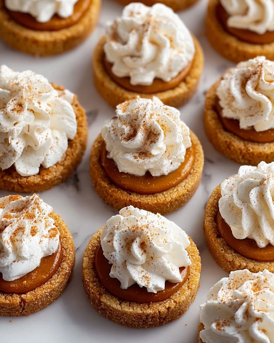 The image shows several round cookies placed closely together on a white marbled surface. Each cookie has three layers: the bottom layer is a light golden-brown, crumbly cookie base with a slightly cracked texture; the middle layer is a smooth, glossy orange-brown pumpkin filling that fills the center of each cookie; on top is a thick swirl of fluffy white whipped cream or frosting, piped in decorative round peaks, some sprinkled lightly with brown spices like cinnamon or nutmeg. The cookies are arranged in an even spread, showing the uniform texture and color of each layer clearly. Photo taken with an iphone --ar 4:5 --v 7