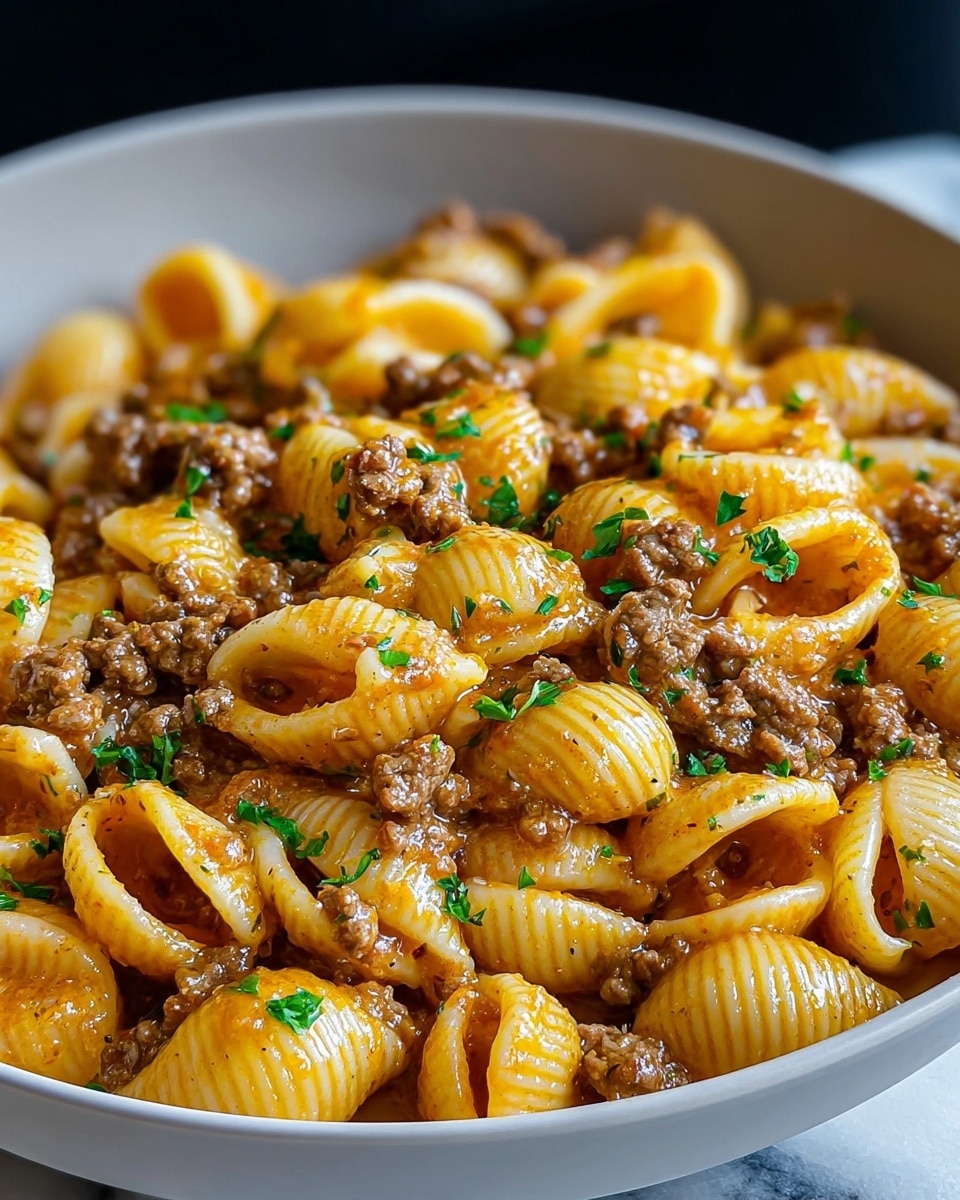 A close-up of a white bowl filled with shell-shaped pasta coated in a light orange sauce, mixed with small pieces of cooked ground beef scattered evenly throughout. Bright green parsley bits are sprinkled on top, adding a fresh color contrast. The pasta shells have a smooth, glossy texture, and the sauce looks rich and slightly oily, clinging to the beef and pasta. The bowl sits on a white marbled surface, with a blurred dark background. photo taken with an iphone --ar 4:5 --v 7
