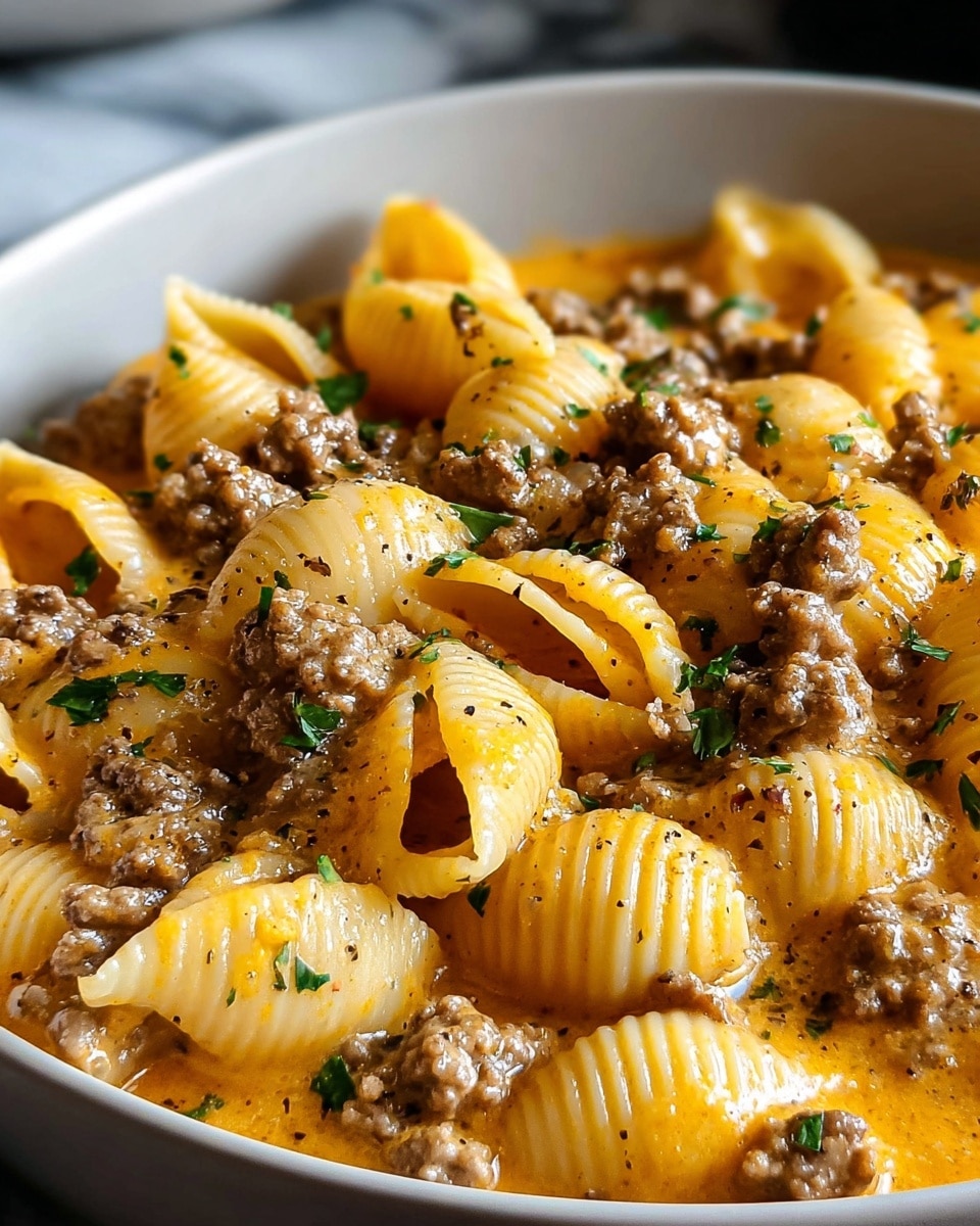 A close-up view of a white bowl filled with shell pasta and minced meat in a creamy orange sauce. The pasta shells are large and ridged, coated evenly with the sauce, and mixed closely with small chunks of cooked ground meat. Small green parsley pieces are sprinkled over the top, adding a touch of color. The dish looks creamy and hearty with visible black pepper specks on the surface. The background features a white marbled texture. photo taken with an iphone --ar 4:5 --v 7