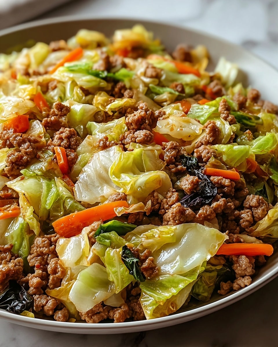 A close-up view of a dish served on a white plate showing a mix of cooked ground meat and vegetables. The dish has roughly chopped light green cabbage leaves that are slightly soft, mixed evenly with small brown crumbled cooked meat pieces. Among them are bright orange carrot sticks and pieces of green vegetables, with some dark leafy bits scattered around. The food looks moist and shiny, with the colors contrasting clearly against the white plate and a white marbled surface in the background. photo taken with an iphone --ar 4:5 --v 7