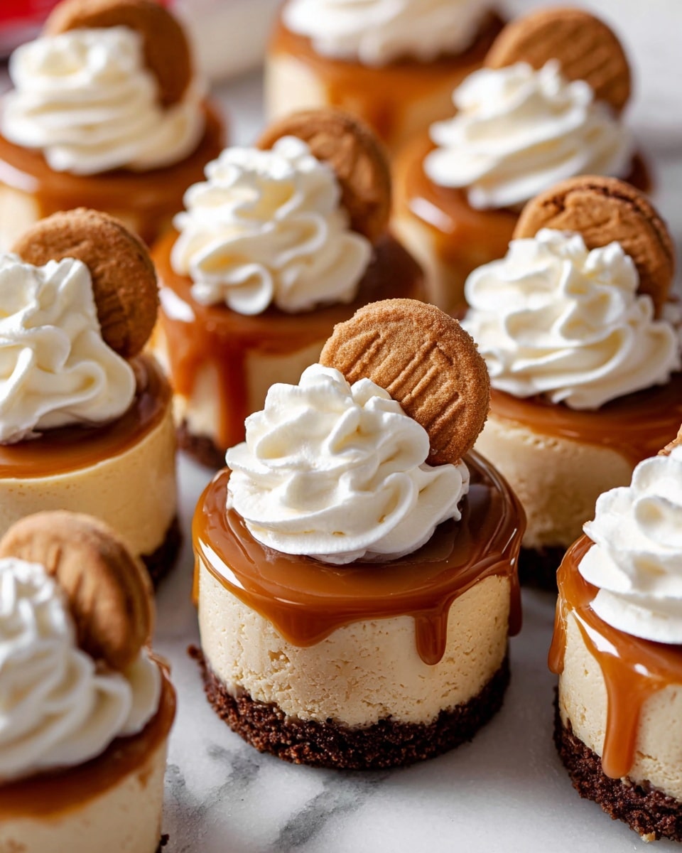 The image shows several mini cheesecakes arranged closely together on a white marbled surface. Each cheesecake has three layers: a dark brown crumbly base, a thick light beige creamy middle, and a smooth caramel-colored topping that drips slightly down the sides. Many of the cheesecakes are topped with a swirl of bright white whipped cream, soft and fluffy in texture, placed in the center. Some cheesecakes have a single small round biscuit inserted into the whipped cream on one side, adding a crunchy contrast. The lighting highlights the glossy caramel and soft cream textures, creating an inviting and rich look. photo taken with an iphone --ar 4:5 --v 7