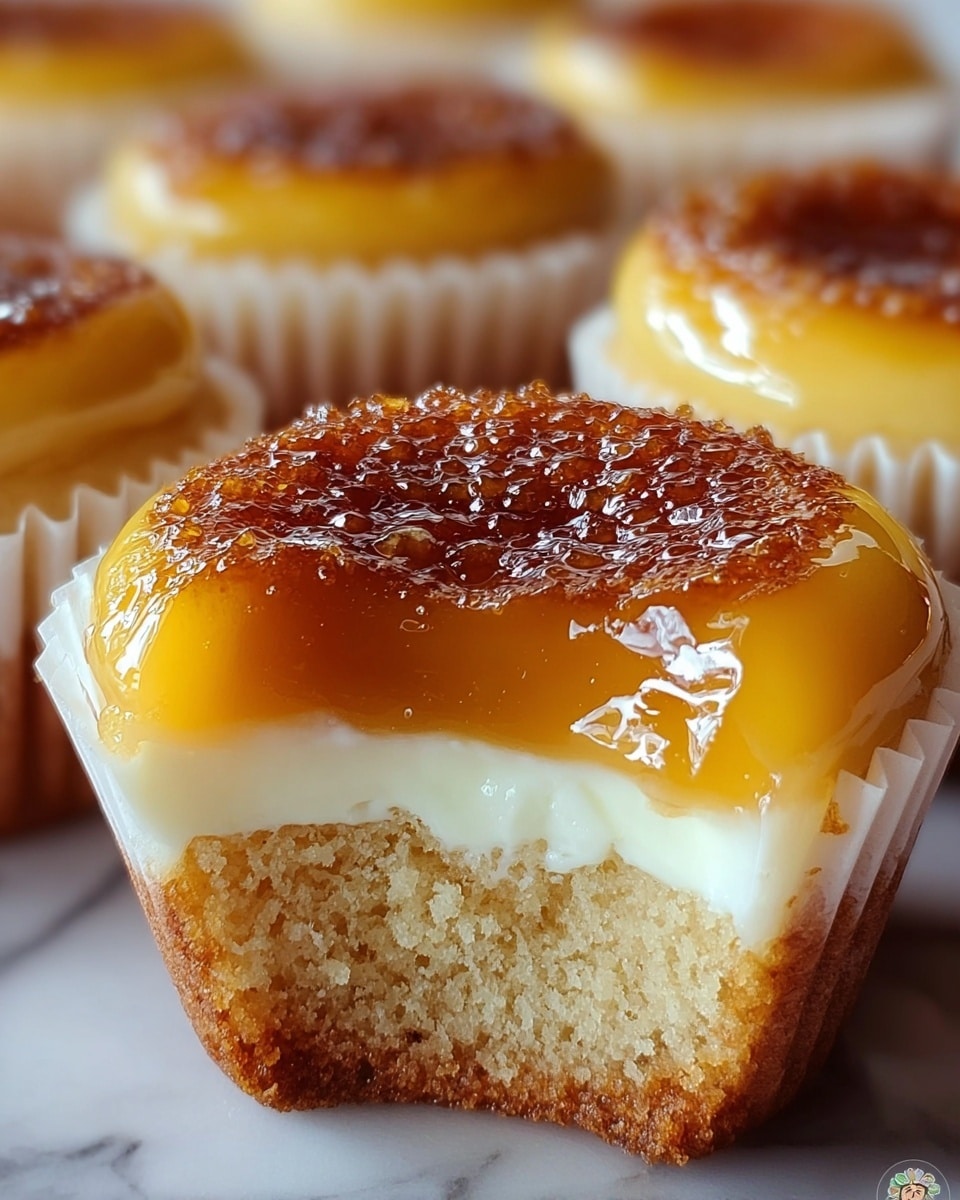 The image shows a close-up of small cupcakes with three clear layers. The bottom layer is a soft, light yellow cake with a moist texture. Above that is a thick and creamy white filling that looks smooth and rich. The top layer is a shiny caramel glaze with a glossy surface, sprinkled with small, sparkling sugar crystals that add texture and shine. The cupcakes are arranged on a white plate, placed on a white marbled surface. Photo taken with an iphone --ar 4:5 --v 7
