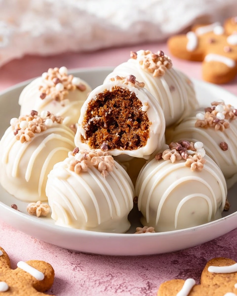 A white plate holds several round truffles coated in smooth white chocolate with thin white chocolate drizzle on top, decorated with small light brown and white round sprinkles plus tiny beige flower-shaped sprinkles. One truffle is cut in half, showing the inside which is a moist, crumbly, dark brown gingerbread-like center. The plate is placed on a soft pink surface with parts of a gingerbread man cookie and blurred white cloth in the background. photo taken with an iphone --ar 4:5 --v 7