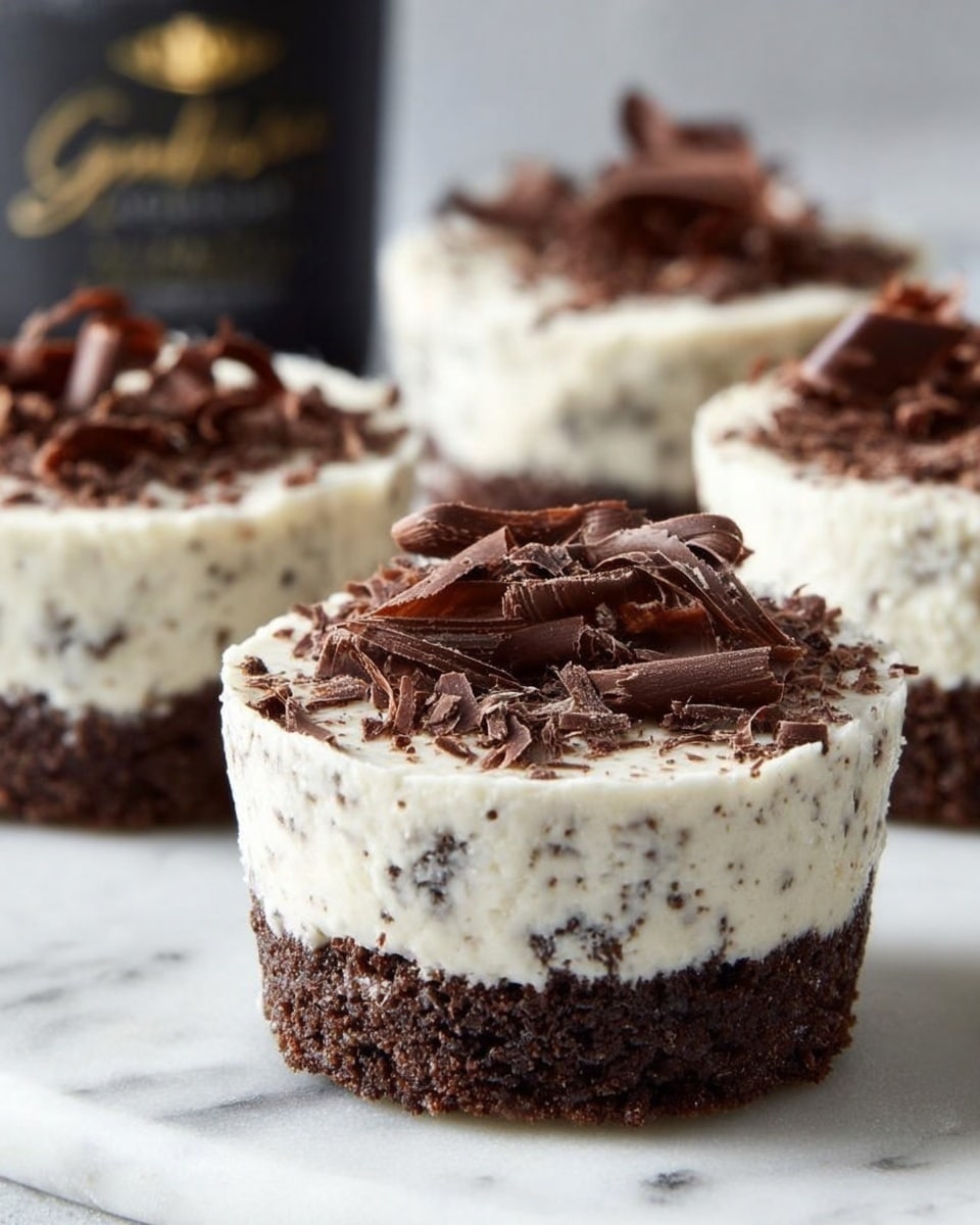 The image shows several small dessert cups placed on a white marbled surface, each with two layers: a dark brown, crumbly cookie base at the bottom and a thick, creamy white layer with small dark specks above it. The top part of each dessert is decorated with thin, curled chocolate shavings, giving a rich texture. The creamy layer looks smooth with a slightly uneven edge, sitting thickly on top of the dense, textured base. The background is softly blurred, showing a tall dark container with gold writing. photo taken with an iphone --ar 4:5 --v 7