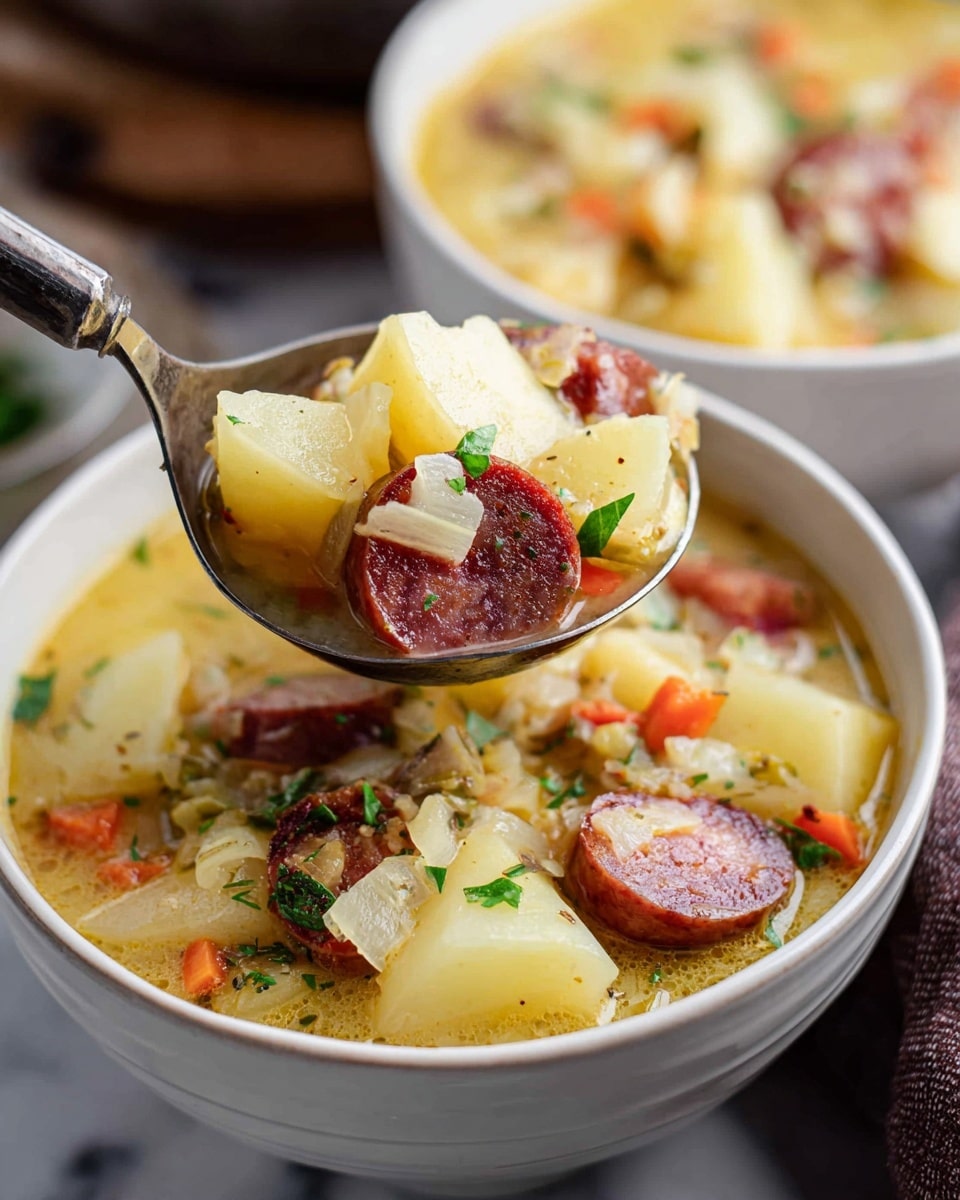 A close-up of a white bowl filled with a thick soup showing three layers: the base is a creamy, light yellow broth; the middle layer has chunky pieces of pale yellow potatoes and reddish-brown sausage slices; the top layer has small bits of orange carrots and white onions, all garnished with green herbs. A metal ladle is lifting a spoonful of soup with visible layers of potatoes, sausage, carrots, and onions above the bowl. The bowl sits on a surface with a white marbled texture, and in the background, another similar bowl is visible blurred. photo taken with an iphone --ar 4:5 --v 7