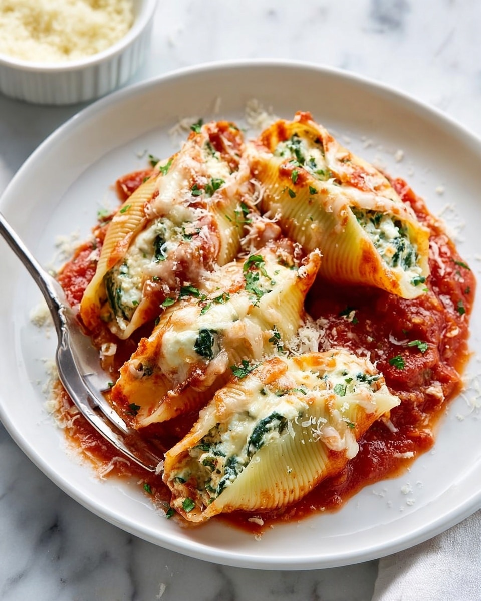 The image shows three stuffed pasta shells on a white plate, each shell filled with a creamy white cheese mixture with bits of green spinach inside. The pasta shells are covered and surrounded by a thick, rich red tomato sauce with visible tomato chunks. The cheese on top is melted and slightly browned, blending into the sauce. The dish is sprinkled with small pieces of green herbs and grated cheese. A silver fork rests on the edge of the plate. The plate sits on a white marbled surface with a small white bowl of extra grated cheese in the background. Photo taken with an iphone --ar 4:5 --v 7