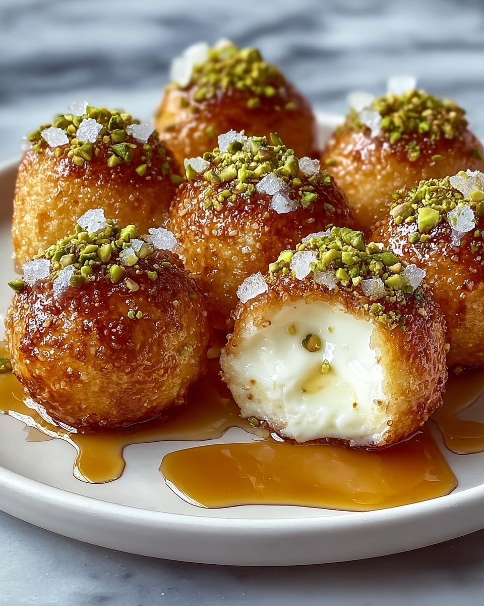 The image shows a white plate holding eight small round fried balls topped with chopped green pistachios and large white sugar crystals. Each ball has a golden-brown, crispy outer layer with a glossy syrup coating that drips onto the plate. One ball is bitten into, revealing a soft, creamy white filling inside. The syrup on the plate is thick and amber-colored, forming small puddles. The background is a white marbled surface. photo taken with an iphone --ar 4:5 --v 7