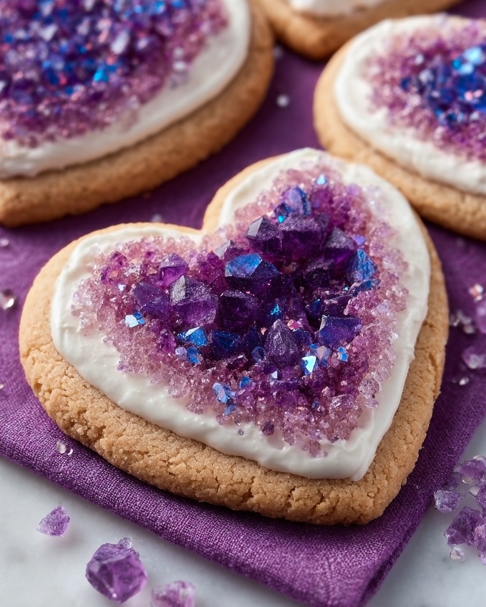 The image shows heart-shaped cookies with a thick layer of white frosting covering the top surface. On each cookie, a textured, sparkling, purple and violet sugar crystal decoration sits in the center, creating a vibrant contrast against the white frosting. The crystals appear uneven and rough, resembling crushed gems with a mix of deep purples, light purples, and hints of blue along with reflective glints. The cookies rest on a bright purple cloth, which adds warmth to the image, while the overall setting is a white marbled texture. The image captures a close-up, displaying the detailed texture and colors of the sugar decoration and the soft crumbly cookie base beneath. Photo taken with an iphone --ar 4:5 --v 7