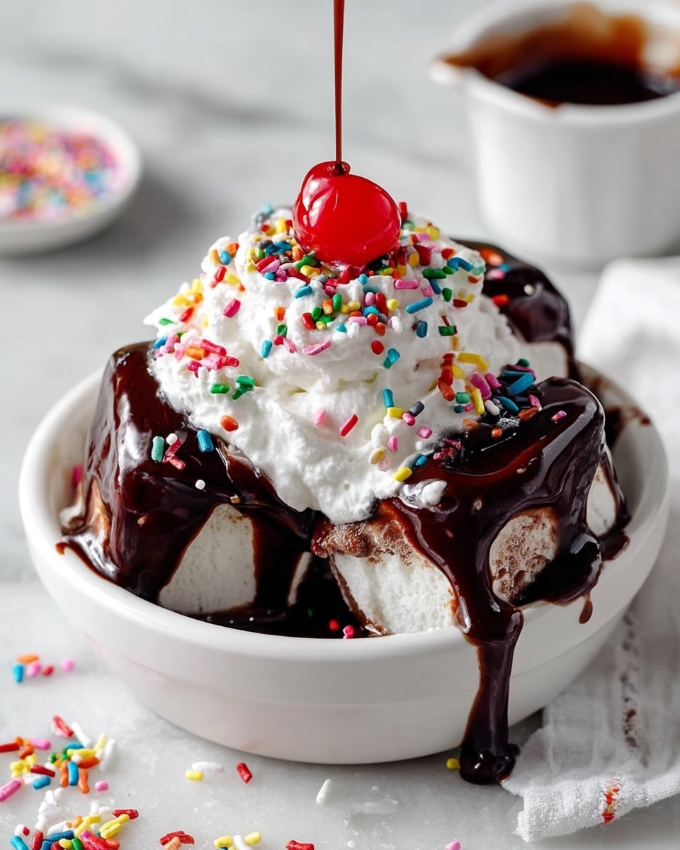 A white bowl filled with three square white ice cream pieces, each covered with thick, shiny dark chocolate sauce dripping over the bowl’s edge; on top is a large layer of fluffy white whipped cream sprinkled with colorful round and cylindrical sprinkles in red, green, yellow, blue, and purple; a bright red cherry sits at the peak with rich chocolate sauce being poured over it in a thin stream; all placed on a white marbled surface with some sprinkles scattered nearby. photo taken with an iphone --ar 4:5 --v 7