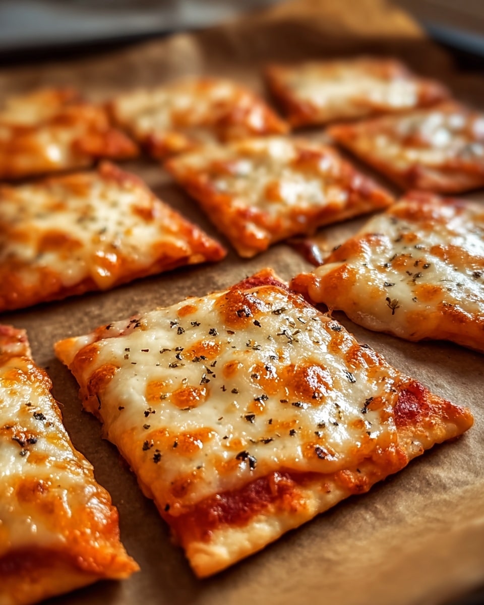 This image shows a baking tray with several small square and triangular pizza slices arranged closely on a brown baking paper. Each slice has two main layers: a thin, golden to light brown crispy crust at the bottom and a melted cheese layer on top that is white with orange spots from the cheese browning. The cheese is smooth and slightly bubbly with sprinkled black herbs or seasoning, adding speckled dark touches. The edges of the slices are slightly raised and browned, showing texture and crispiness. The photo is focused on the pizza slices in the middle, with the background softly blurred, and the overall colors are warm and inviting. Photo taken with an iphone --ar 4:5 --v 7