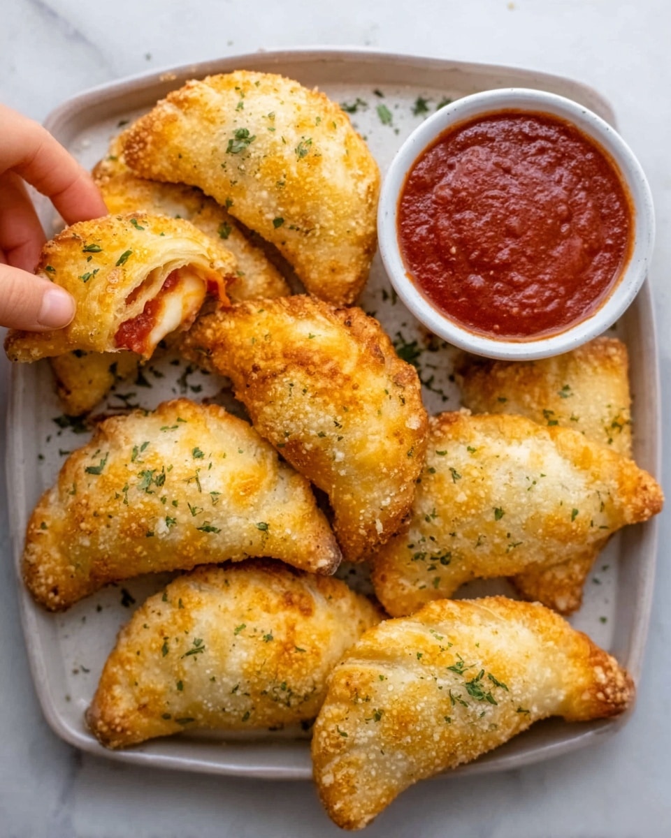 The image shows a white plate filled with several golden-brown crescent-shaped pieces of pizza rolls, each with a crispy and slightly flaky crust sprinkled lightly with green herbs. One of the rolls is cut open, revealing melted cheese and tomato sauce inside with a rich red color. A small white bowl filled with dark red marinara sauce sits on the top right of the plate. The plate is set against a white marbled background that gives a clean and bright look. A woman's hand is reaching from the top left corner to pick one of the pizza rolls. Photo taken with an iphone --ar 4:5 --v 7