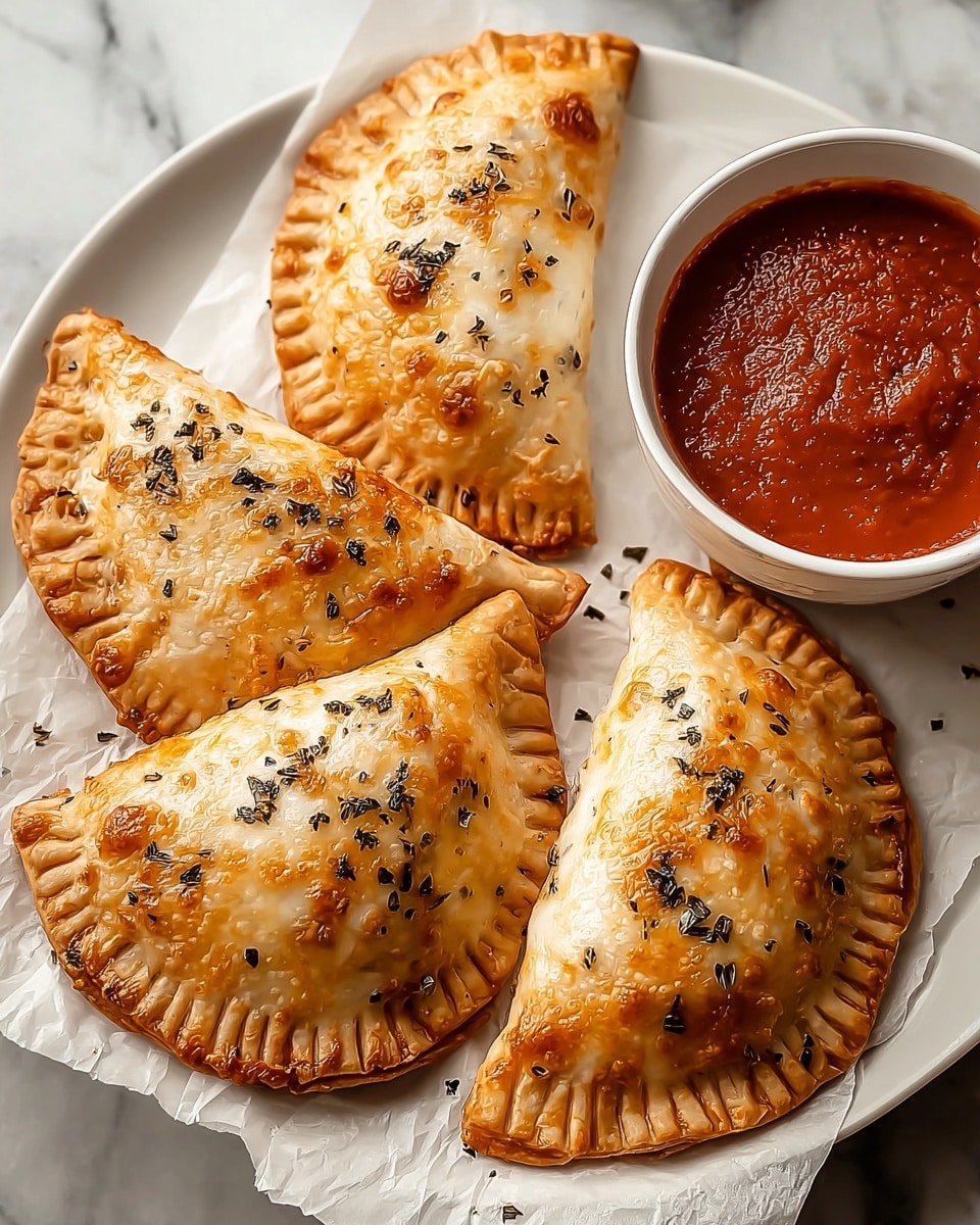 Four golden-brown empanadas rest on white parchment paper atop a white tray, each with a crimped edge and bubbly, slightly browned cheese on top sprinkled with small black herb flakes; two empanadas reveal a rich, reddish-brown filling oozing slightly from the crust. A small glass jar filled with thick red sauce sits in the upper right corner on a white marbled texture. photo taken with an iphone --ar 4:5 --v 7