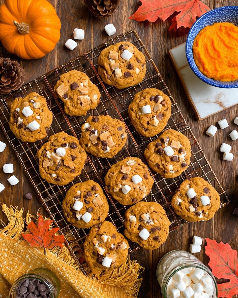 A cooling rack holds thirteen golden-brown pumpkin cookies scattered with white melted marshmallows, dark brown chocolate chips, and light beige broken graham cracker pieces, all creating a textured and chunky surface. The cookies are soft and uneven in shape, arranged casually over a dark wooden table which is replaced with white marbled texture. Around the rack are loose mini white marshmallows, chocolate chips, broken graham crackers, and a small orange pumpkin on the left. On the right side, a white bowl with a blue rim holds bright orange pumpkin puree, sitting on a small white square coaster, near pine cones and a glass jar containing chocolate chips on a mustard yellow cloth with fringe. Autumn red-orange leaves add a warm, seasonal touch peeking from the top edges. Photo taken with an iphone --ar 4:5 --v 7