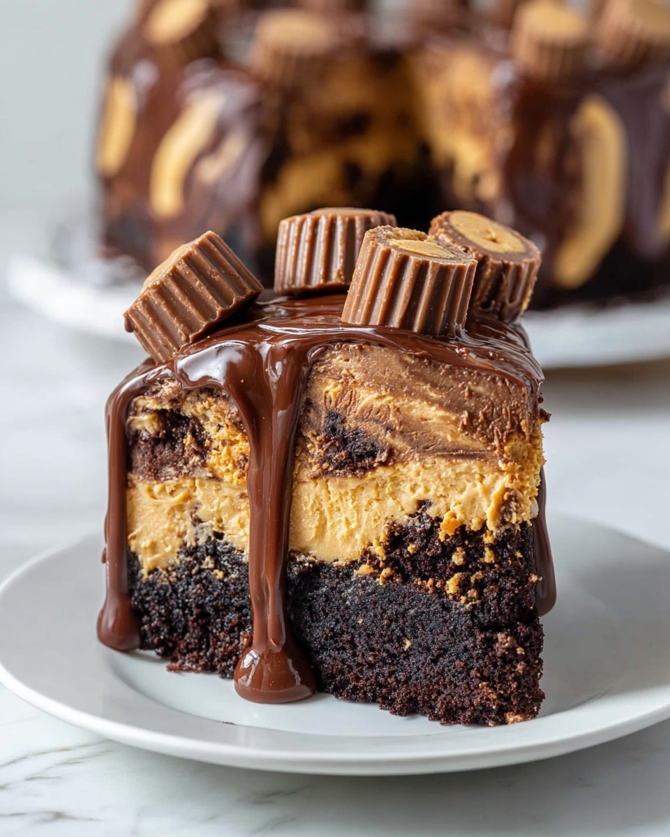A thick slice of cake sits on a white plate with three visible layers: a bottom layer of dark, moist chocolate cake, a middle layer of creamy peanut butter, and a top layer of mixed chocolate and peanut butter swirled together. Rich chocolate sauce drips over the top and down the sides, creating a glossy texture. The slice is topped with several halved peanut butter cups placed on the chocolate drizzle. In the background, the whole cake with the same chocolate and peanut butter swirl and chocolate sauce drips is slightly out of focus, on a white plate, all on a white marbled surface. photo taken with an iphone --ar 4:5 --v 7