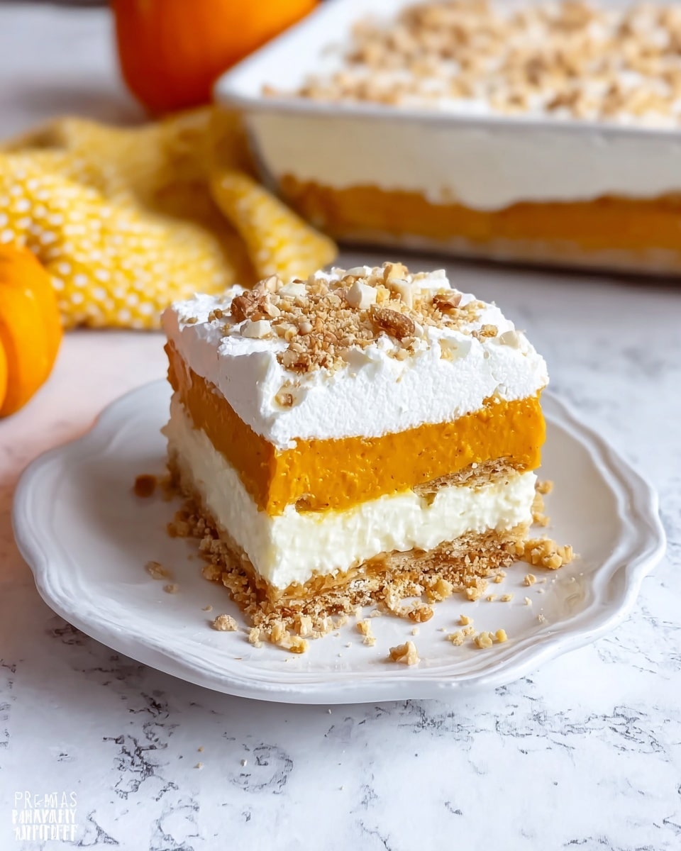 The image shows a single square piece of pumpkin dessert on a white plate, placed on a white marbled surface. The dessert has three visible layers: a crumbly light brown crust at the bottom, a thick middle layer of smooth orange pumpkin filling, and a top layer of fluffy white whipped cream sprinkled generously with chopped nuts. The dessert piece has a small bite taken out of one side. In the background, a large rectangular glass dish with the same dessert and a bright red apple next to a white and yellow striped cloth can be seen. Photo taken with an iphone --ar 4:5 --v 7